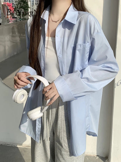 2024 Spring Autumn Women Shirts White Plain Loose Oversized Blouses Female Tops Loose BF Korean Style Blusas Pockets