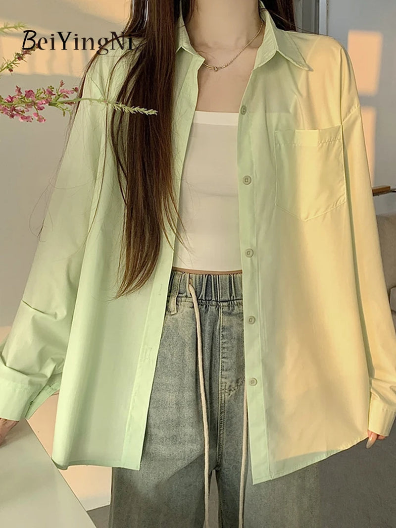 2024 Spring Autumn Women Shirts White Plain Loose Oversized Blouses Female Tops Loose BF Korean Style Blusas Pockets