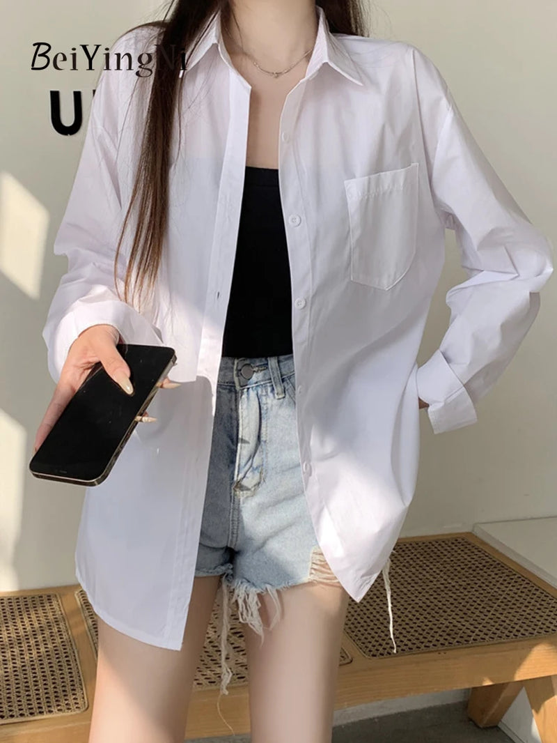 2024 Spring Autumn Women Shirts White Plain Loose Oversized Blouses Female Tops Loose BF Korean Style Blusas Pockets