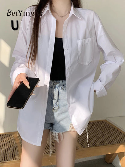 2024 Spring Autumn Women Shirts White Plain Loose Oversized Blouses Female Tops Loose BF Korean Style Blusas Pockets