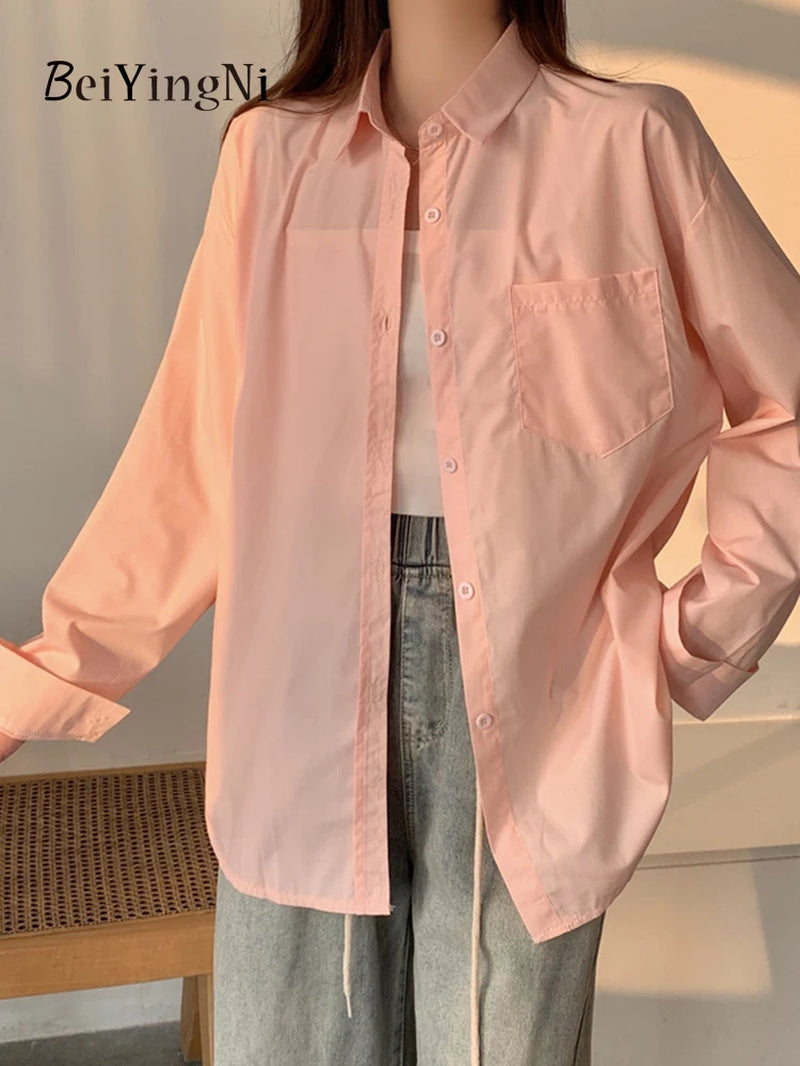 2024 Spring Autumn Women Shirts White Plain Loose Oversized Blouses Female Tops Loose BF Korean Style Blusas Pockets