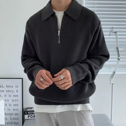 3-Color Lapel Sweater Men Warm Fashion Casual Knit Pullover Men Korean Loose Zipper Long Sleeve Sweater Mens Jumper Clothes