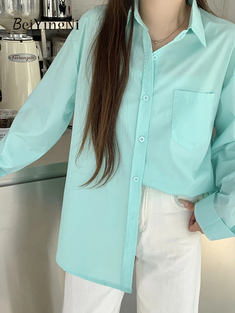 2024 Spring Autumn Women Shirts White Plain Loose Oversized Blouses Female Tops Loose BF Korean Style Blusas Pockets