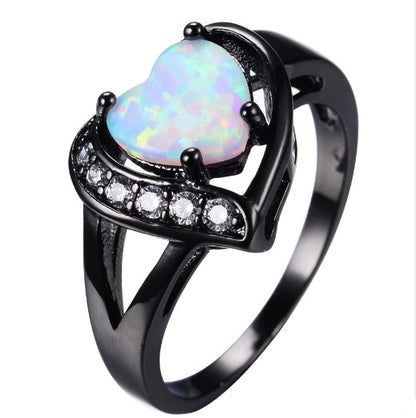 Female white Fire Opal Heart with zircon ring black gold ring promise engagement ring