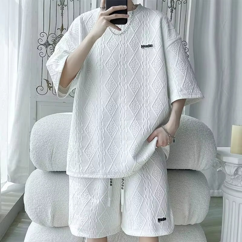 2024 New Large Men'S Sports Suit Korean High Street Fashion T-Shirt Shorts Two-Piece Set Men Retro Neck Top Designer Clothes Men