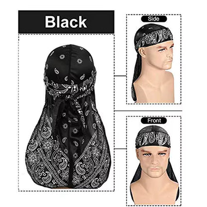 Amoeba Silky Durags Extra Long Tail Colorful 360 Waves Doo Rag for Men Durag Capwide Straps Durag Cap Silky Satin Durag Bandana