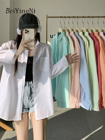 2024 Spring Autumn Women Shirts White Plain Loose Oversized Blouses Female Tops Loose BF Korean Style Blusas Pockets