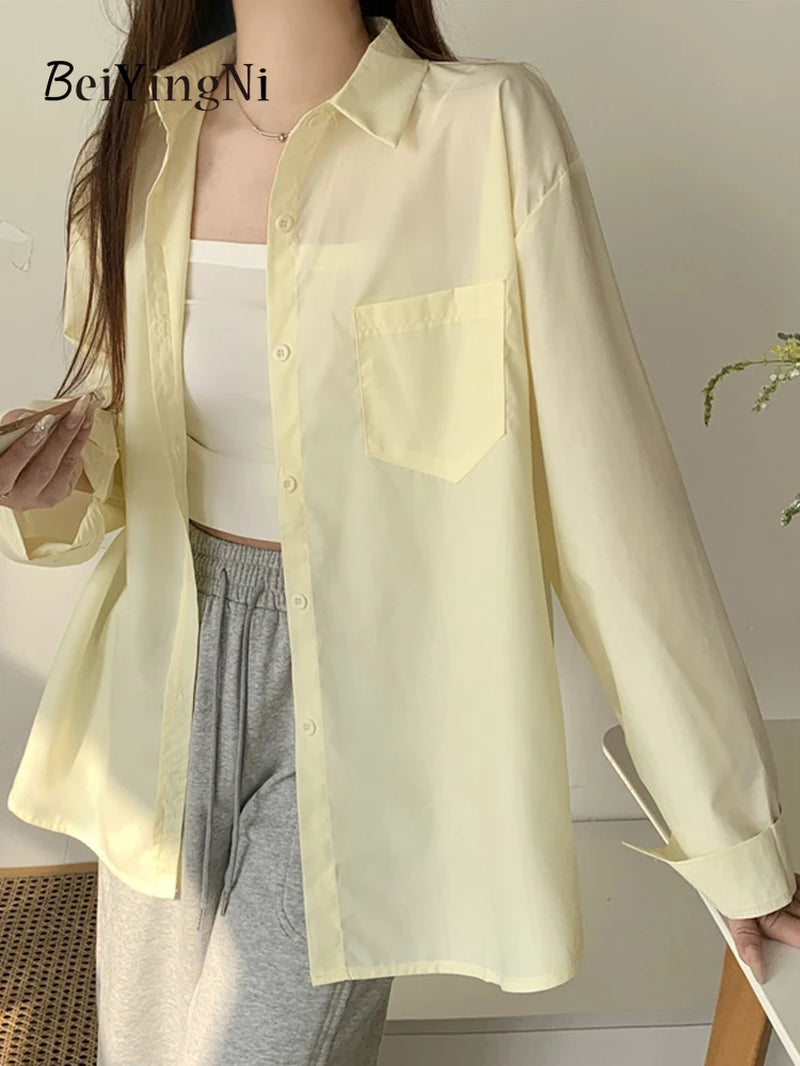 2024 Spring Autumn Women Shirts White Plain Loose Oversized Blouses Female Tops Loose BF Korean Style Blusas Pockets