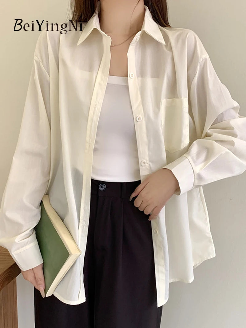 2024 Spring Autumn Women Shirts White Plain Loose Oversized Blouses Female Tops Loose BF Korean Style Blusas Pockets