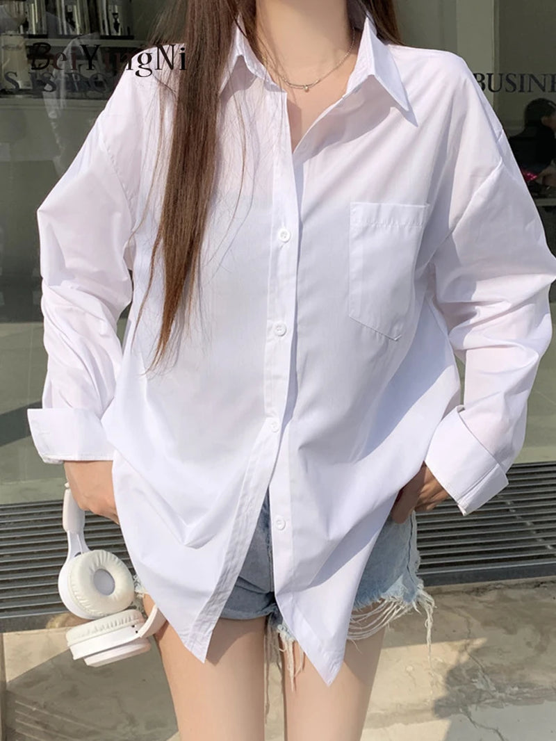 2024 Spring Autumn Women Shirts White Plain Loose Oversized Blouses Female Tops Loose BF Korean Style Blusas Pockets