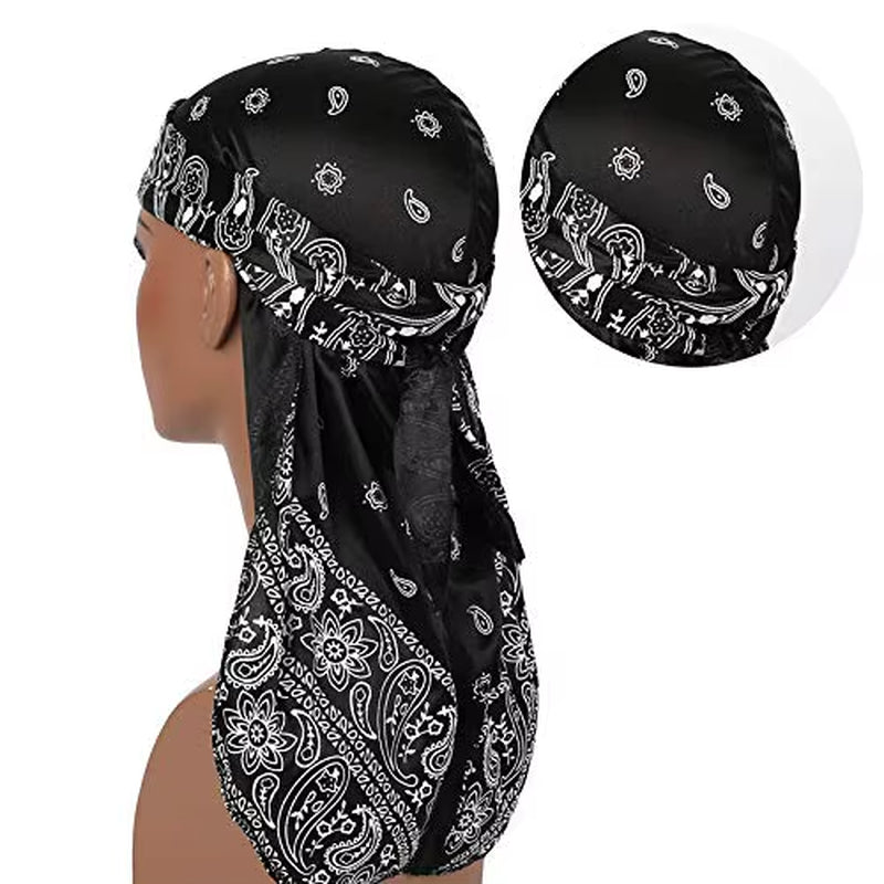 Amoeba Silky Durags Extra Long Tail Colorful 360 Waves Doo Rag for Men Durag Capwide Straps Durag Cap Silky Satin Durag Bandana